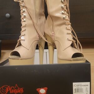 Pleaser Nude Patent Lace-Up Peep Toe Boots